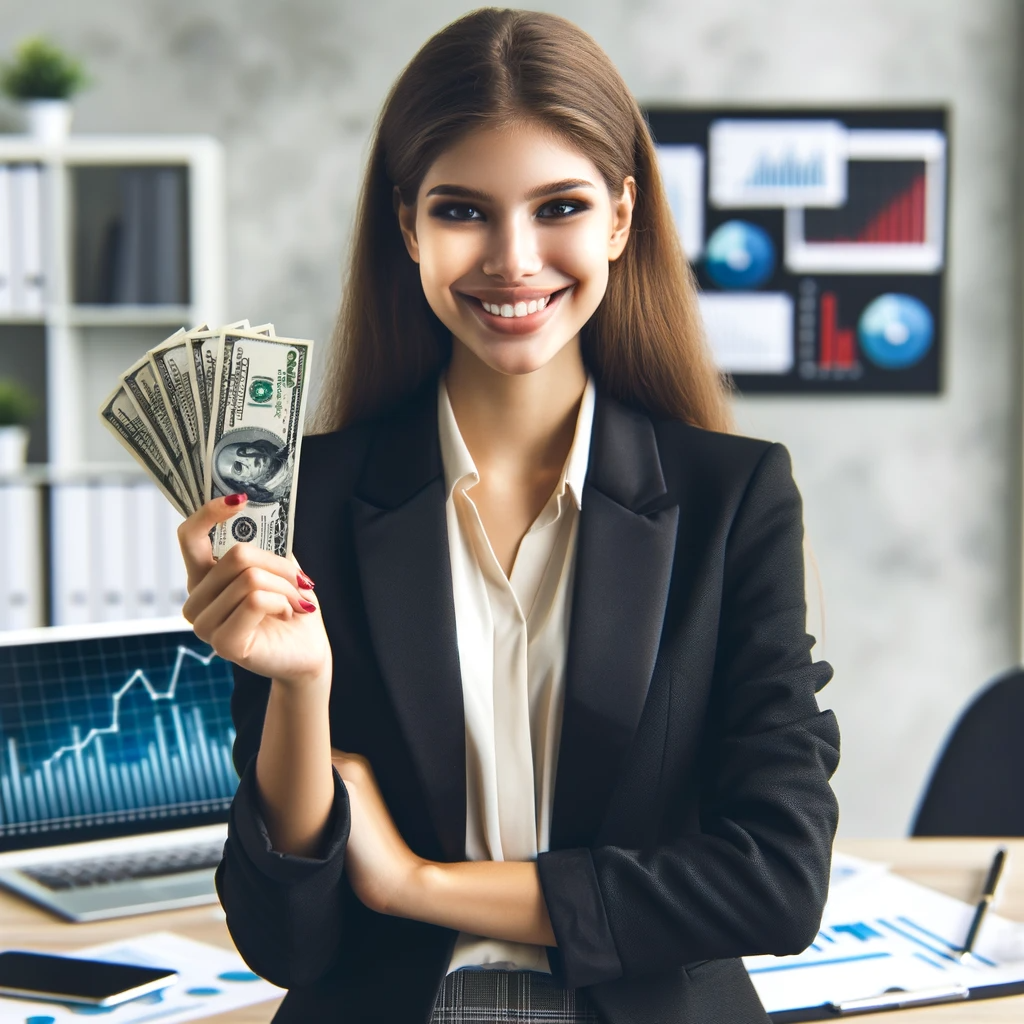 A young female accountant in professional attire holding a handful of money symbolizing success and financial achievement in the DCI Accountant Affiliate Program.