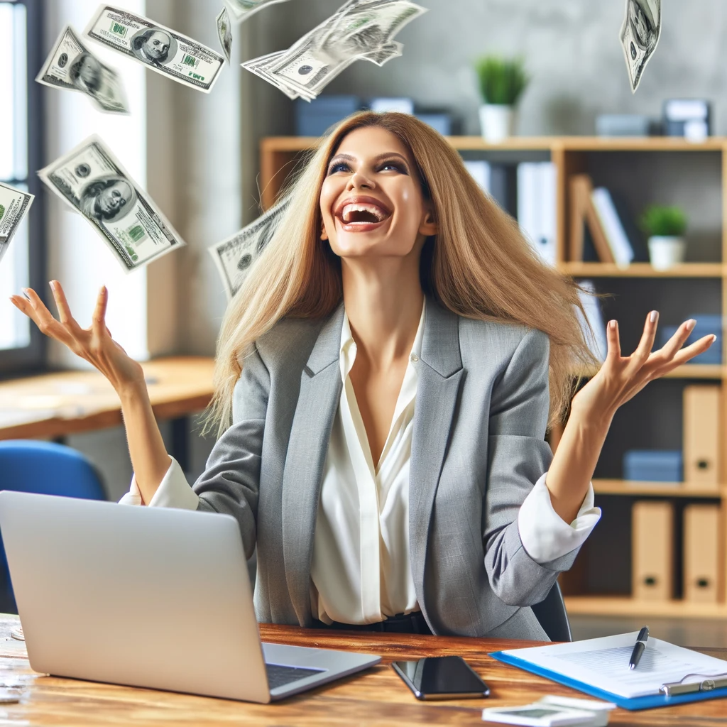 A beautiful accountant women happily throwing large sums of cash in the air at her desk after joining the Accounting Affiliate Program.