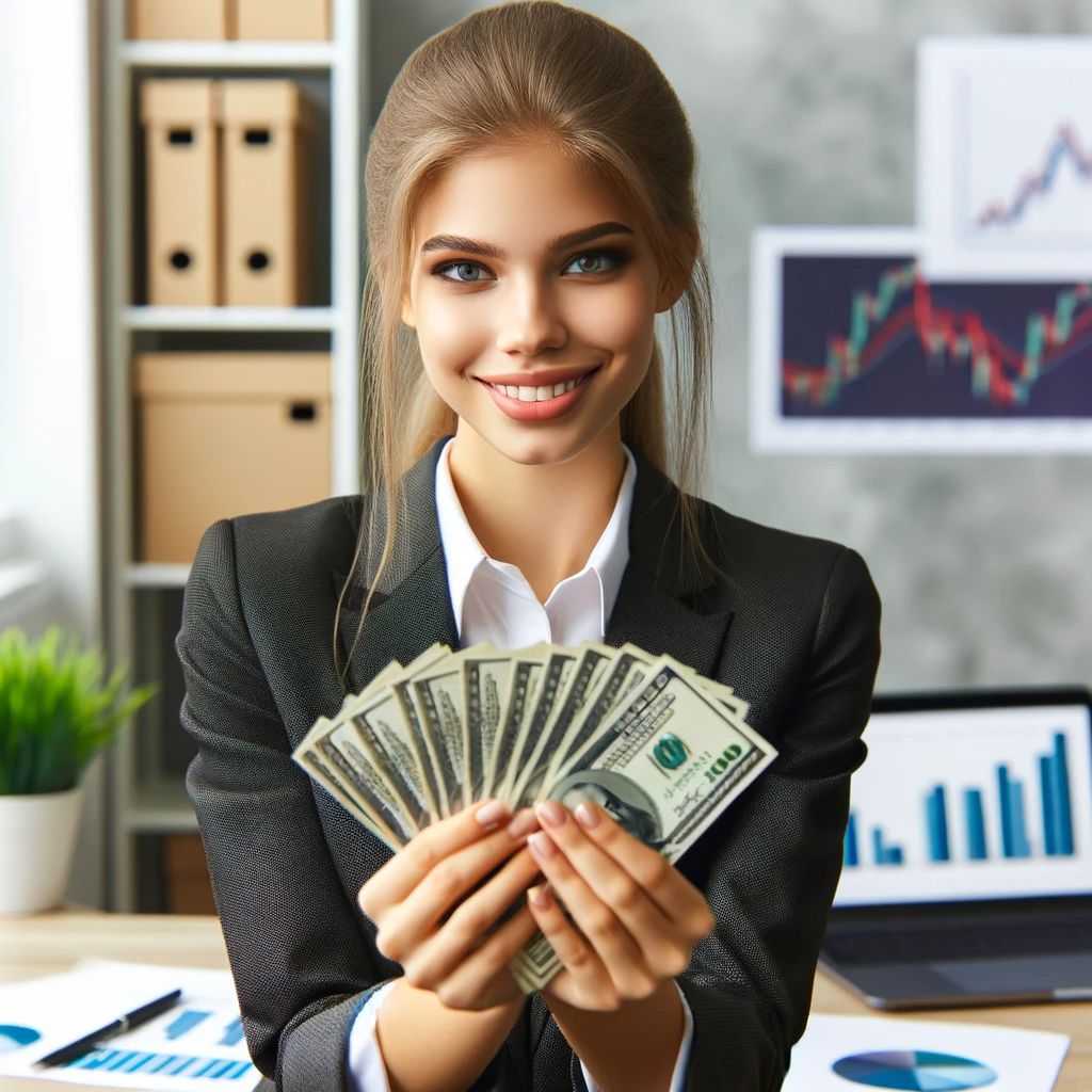 Very beautiful Caucasian female accountant smiling and holding a handful of money that she earned by joinging DCI's Accountant Affiliate Program and referring multiple clients.