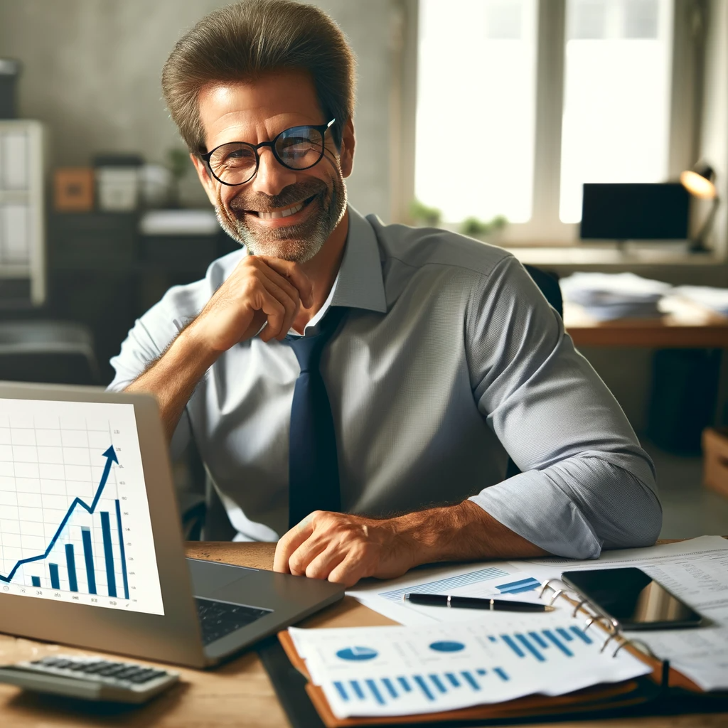 A middle aged male accountant with glasses sitting at his desk and looking at a laptop screen showing a positive financial growth after joining the accounting affiliate program in 2023.