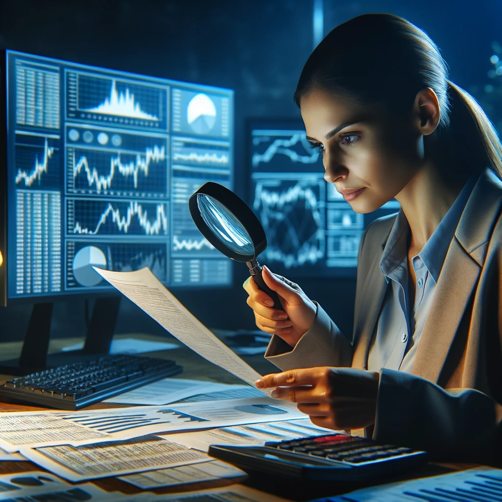 Cute female professional forensic accountant examining financial documents with a magnifying glass revealing a positive discrepency.